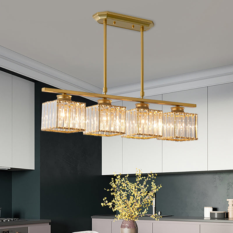 3/4 Lights Square Hanging Ceiling Light Modernism Clear Crystal Dining Room Lighting in Black/Gold 4 Gold Clearhalo 'Ceiling Lights' 'Island Lights' Lighting' 260157