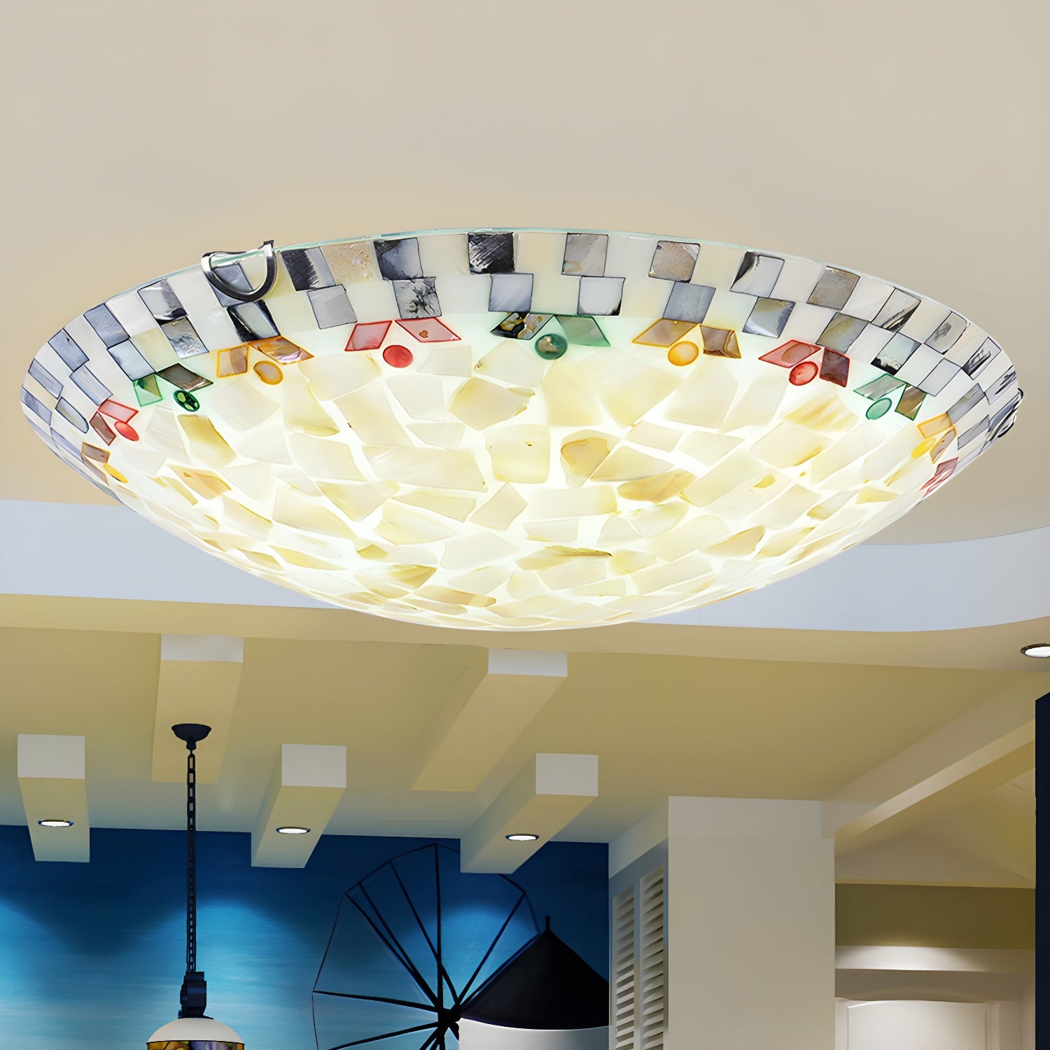Beige Bowl Flush Mount Lamp Tiffany Mosaics Glass Flush Mount Ceiling Light for Bedroom Beige Clearhalo 'Ceiling Lights' 'Close To Ceiling Lights' 'Lighting' 2602561