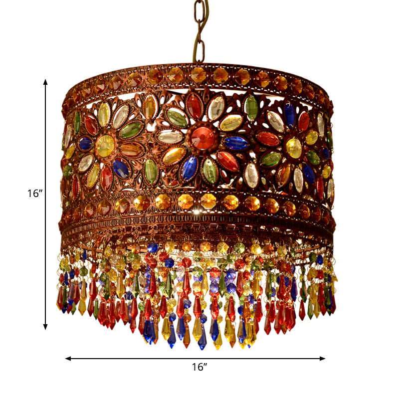 Metal Drum Shade Pendant Lamp Bohemia Style 1/3-Light Hanging Ceiling Light in Weathered Copper, 6.5"/16" Wide Clearhalo 'Ceiling Lights' 'Pendant Lights' 'Pendants' Lighting' 260267