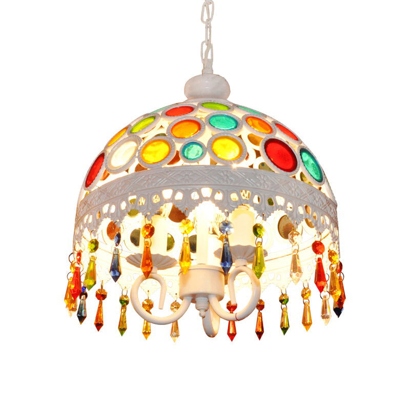 3 Lights Dome Chandelier Lighting with Multi Colored Crystal Bead Bohemia Pendant Lamp in White Finish Clearhalo 'Ceiling Lights' 'Chandeliers' Lighting' options 260278