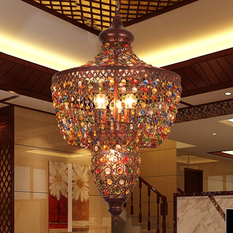 4 Lights Crystal Gem Pendant Light with Metal Shade Bohemia Hanging Ceiling Light in Weathered Copper Weathered Copper Clearhalo 'Ceiling Lights' 'Chandeliers' Lighting' options 260291_0d536072-2cf5-4b2f-8b82-e48beb23e808