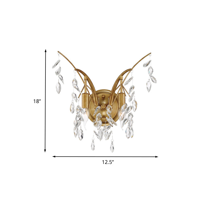 Branch Metal Wall Mount Light Modern 2 Lights Gold Wall Sconce Light with Faceted Crystal Drop Clearhalo 'Modern wall lights' 'Modern' 'Wall Lamps & Sconces' 'Wall Lights' Lighting' 260486
