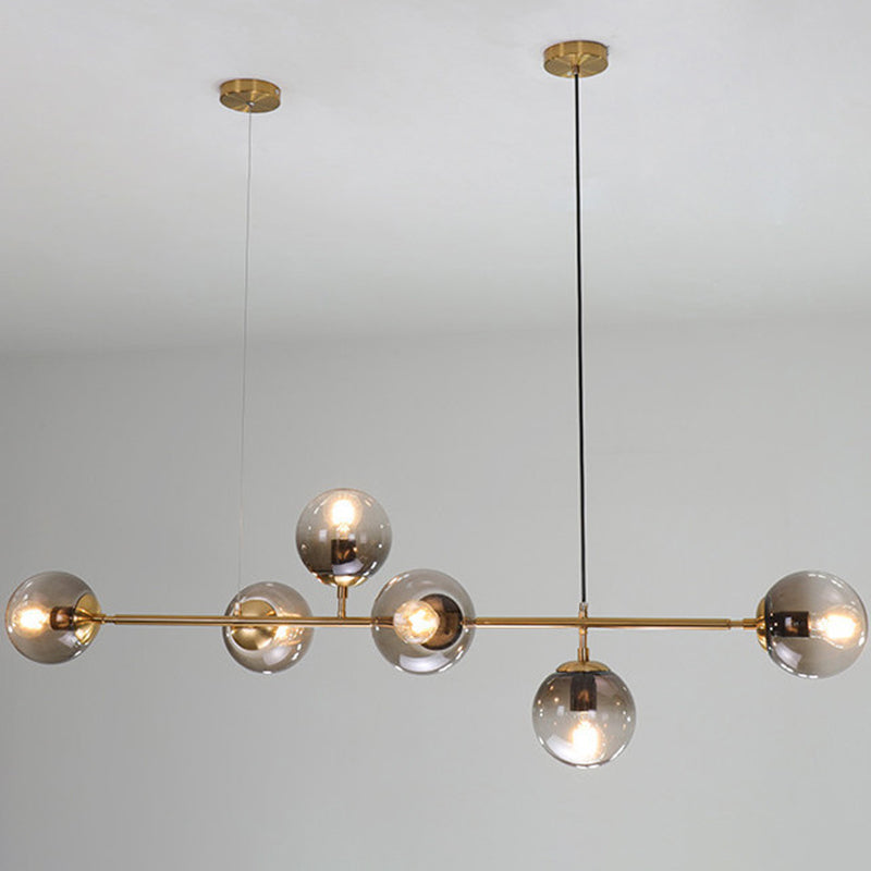 6 Light Modern Gold Metal Island Pendant Lighting Spherical Smoke Glass Island Ceiling Light for Dining Table Clearhalo 'Ceiling Lights' 'Island Lights' 'Lighting' 2605110