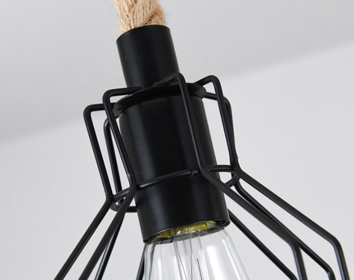Vintage Hemp Rope Chandelier Indsutrial Retro Linear Wood Pendant with Wire Cage for Restaurant Clearhalo 'Ceiling Lights' 'Island Lights' 'Lighting' 2605143