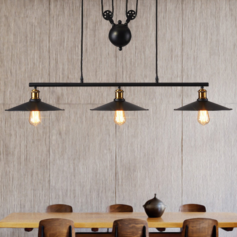 3 Lights Metal Pulley Island Pendant Lighting Industrial Black Cone Shade Island Lamps Clearhalo 'Ceiling Lights' 'Island Lights' 'Lighting' 2605146