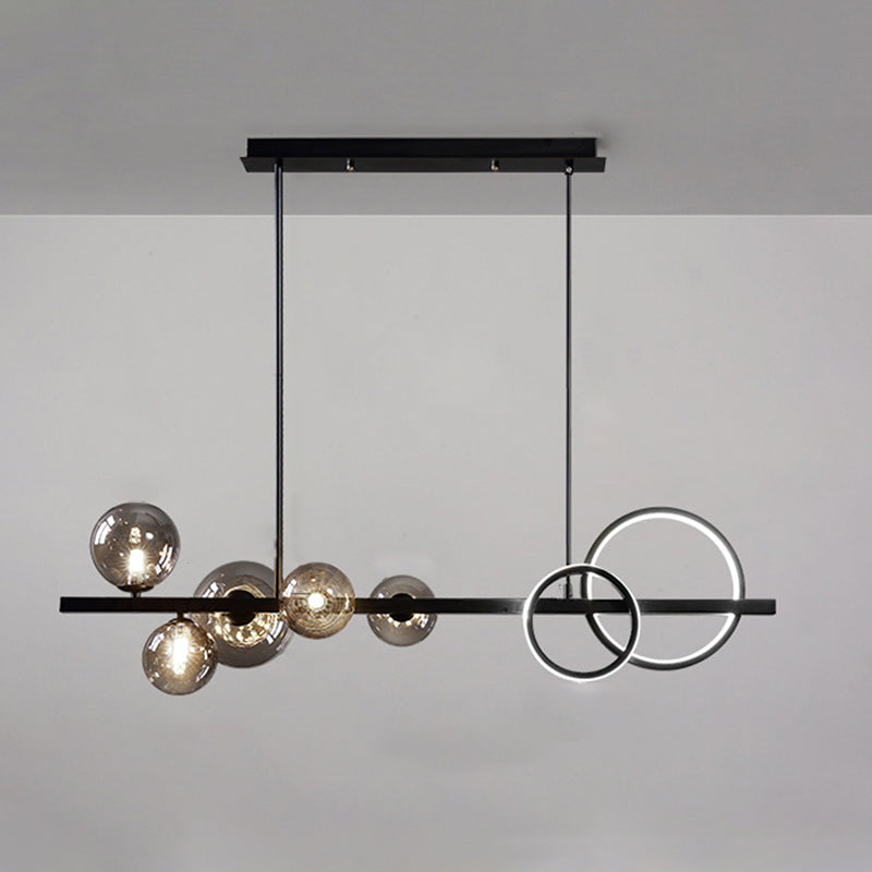 5 Light Modern Black Metal Island Pendant Lighting Spherical Glass Island Ceiling Light for Dining Table Smoke Gray Clearhalo 'Ceiling Lights' 'Island Lights' 'Lighting' 2605179