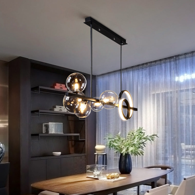 5 Light Modern Black Metal Island Pendant Lighting Spherical Glass Island Ceiling Light for Dining Table Clearhalo 'Ceiling Lights' 'Island Lights' 'Lighting' 2605183