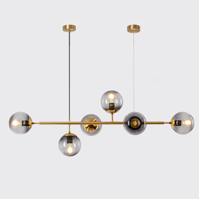 6 Light Modern Gold Metal Island Pendant Lighting Spherical Glass Island Ceiling Light for Dining Table Smoke Gray Clearhalo 'Ceiling Lights' 'Island Lights' 'Lighting' 2605192
