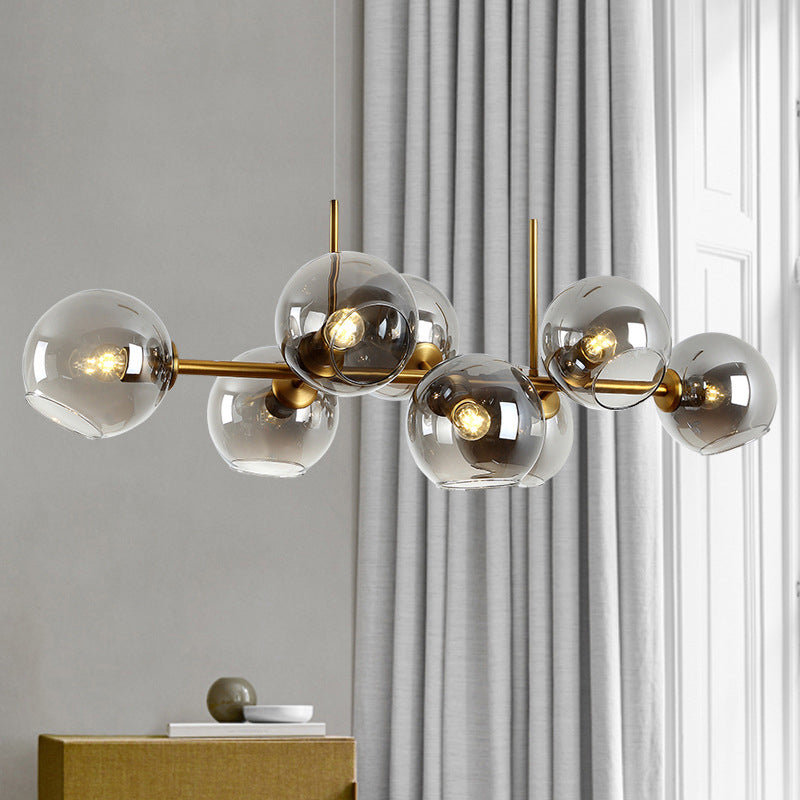 8 Light Mid-Century Gold Metal Island Pendant Lighting Spherical Glass Island Ceiling Light for Dining Table Clearhalo 'Ceiling Lights' 'Island Lights' 'Lighting' 2605252
