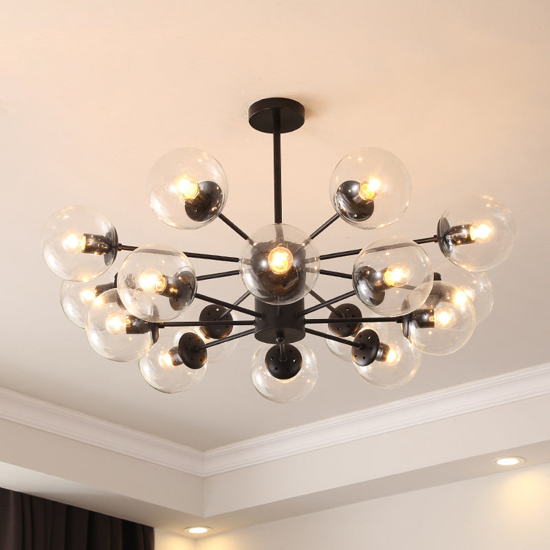 Modern Metal Hanging Chandelier Light Spherical Glass Shade Suspension Light in Black for Bedroom 16 Black Clear Clearhalo 'Ceiling Lights' 'Chandeliers' Lighting' 2605319