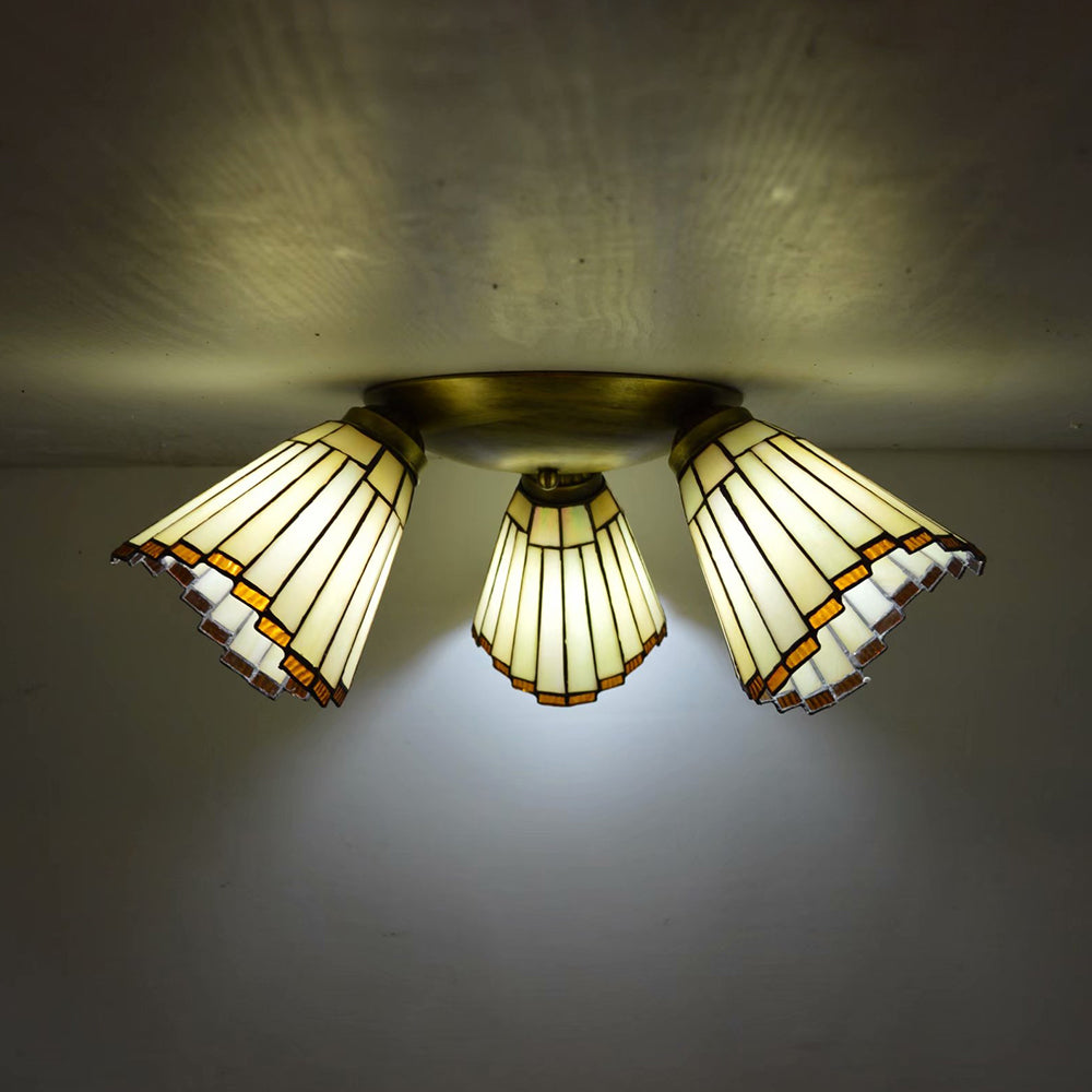 Geometric Ceiling Light with Prismatic/Swallow-Tail/House/Dome/Bell Shape Retro Style Stained Glass 3 Lights Flushmount Ceiling Light Brass Bell Clearhalo 'Ceiling Lights' 'Close To Ceiling Lights' 'Close to ceiling' 'Glass shade' 'Glass' 'Semi-flushmount' 'Tiffany close to ceiling' 'Tiffany' Lighting' 26085