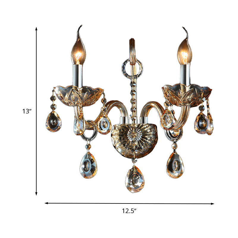 Amber Glass Candle Sconce Light Modernism 1/2 Heads Bedroom Wall Light Fixture with Crystal Drip Accent Clearhalo 'Modern wall lights' 'Modern' 'Wall Lamps & Sconces' 'Wall Lights' Lighting' 260944