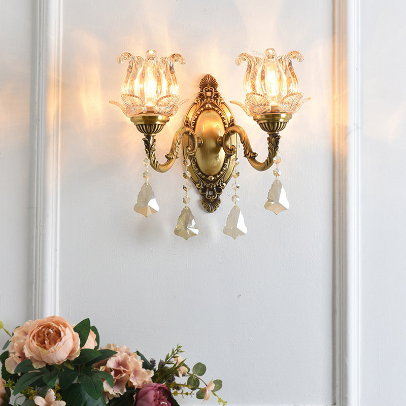 Clear Glass Flower Wall Mounted Light Modern 1/2 Heads Brass Sconce Light with Crystal Drop 2.0 Brass Clearhalo 'Modern wall lights' 'Modern' 'Wall Lamps & Sconces' 'Wall Lights' Lighting' 261003
