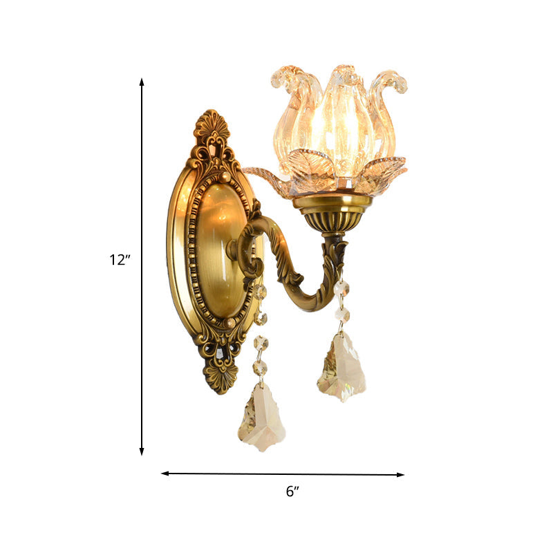Clear Glass Flower Wall Mounted Light Modern 1/2 Heads Brass Sconce Light with Crystal Drop Clearhalo 'Modern wall lights' 'Modern' 'Wall Lamps & Sconces' 'Wall Lights' Lighting' 261010