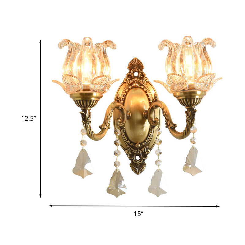 Floral Shape Wall Light Fixture Modernism Prism Glass 1/2 Heads Brass Sconce Light Clearhalo 'Cast Iron' 'Glass' 'Industrial' 'Modern wall lights' 'Modern' 'Tiffany' 'Traditional wall lights' 'Wall Lamps & Sconces' 'Wall Lights' Lighting' 261138