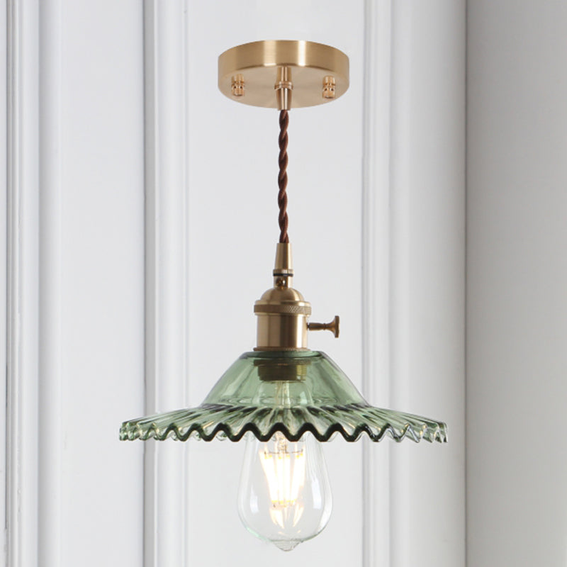 8.66'' Width Brass Pendant Light Industrial Scalloped Glass Shade Mini Hanging Lamp for Coffee Shop Brass Green Clearhalo 'Ceiling Lights' 'Pendant Lights' 'Pendants' Lighting' 2611795
