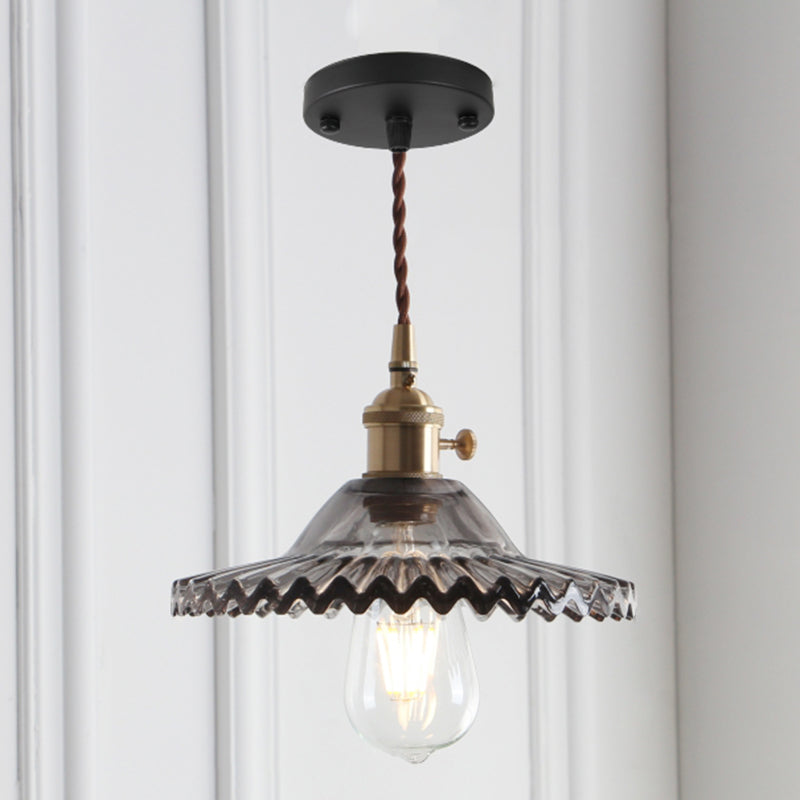 8.66'' Width Brass Pendant Light Industrial Scalloped Glass Shade Mini Hanging Lamp for Coffee Shop Black Smoke Grey Clearhalo 'Ceiling Lights' 'Pendant Lights' 'Pendants' Lighting' 2611801