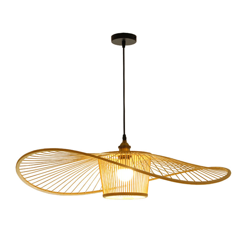 Fisherman's Hat Shaped Wooden Lighting Fixture Bamboo Weaving Drum Shade Single Light Hanging Light for Dining Room Clearhalo 'Ceiling Lights' 'Pendant Lights' 'Pendants' Lighting' 2611908