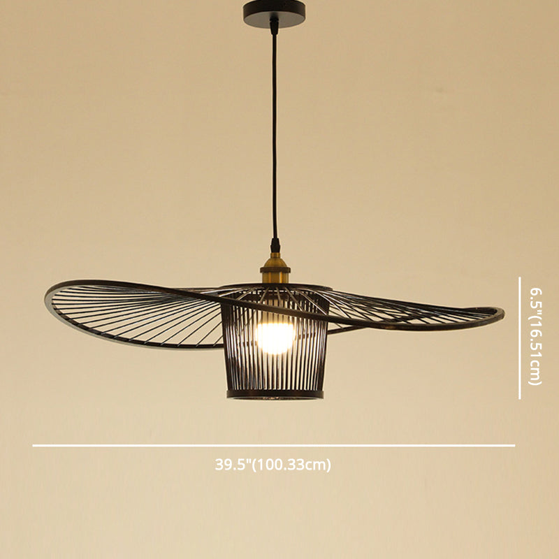 Fisherman's Hat Shaped Wooden Lighting Fixture Bamboo Weaving Drum Shade Single Light Hanging Light for Dining Room Clearhalo 'Ceiling Lights' 'Pendant Lights' 'Pendants' Lighting' 2611909