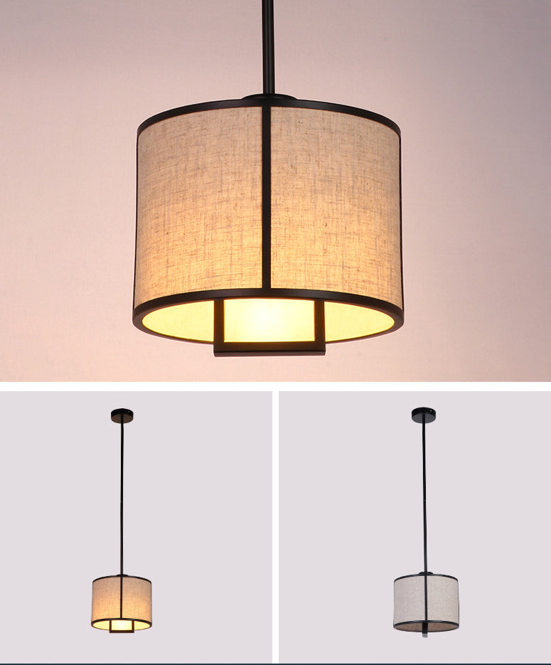 Single Light Fabric Drum Pendant Light Minimalist Living Room Hanging Light with 47" Carbon Steel Hanging Rod Clearhalo 'Ceiling Lights' 'Pendant Lights' 'Pendants' Lighting' 2611969