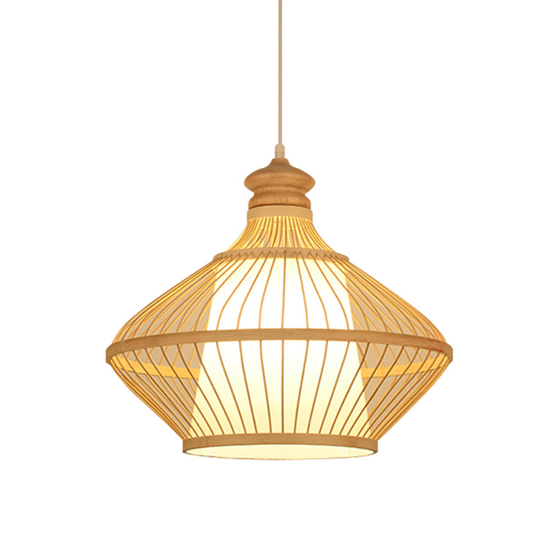 Asian Style Simplicity Hanging Light Bamboo & Imitation Sheepskin Double Shade 1 Light Pendant Lamp Clearhalo 'Ceiling Lights' 'Pendant Lights' 'Pendants' Lighting' 2611991
