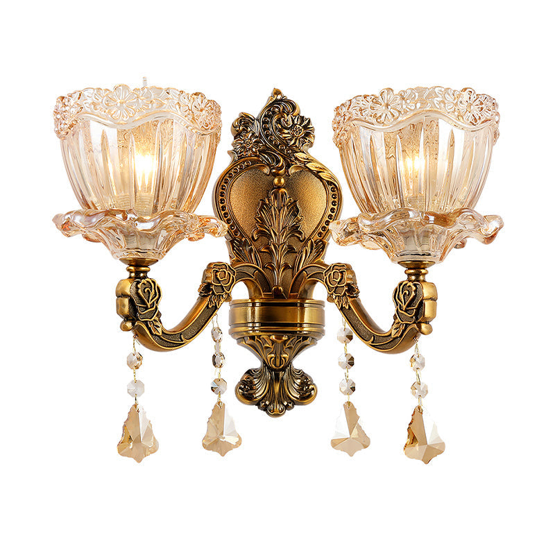 Amber Glass Flower Wall Light Fixture Modern 1/2 Heads Brass Sconce Light with K9 Crystal Drop Clearhalo 'Cast Iron' 'Glass' 'Industrial' 'Modern wall lights' 'Modern' 'Tiffany' 'Traditional wall lights' 'Wall Lamps & Sconces' 'Wall Lights' Lighting' 261215