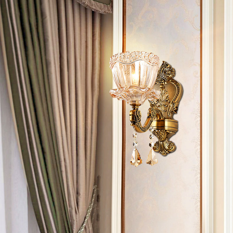 Amber Glass Flower Wall Light Fixture Modern 1/2 Heads Brass Sconce Light with K9 Crystal Drop 1.0 Brass Clearhalo 'Cast Iron' 'Glass' 'Industrial' 'Modern wall lights' 'Modern' 'Tiffany' 'Traditional wall lights' 'Wall Lamps & Sconces' 'Wall Lights' Lighting' 261221