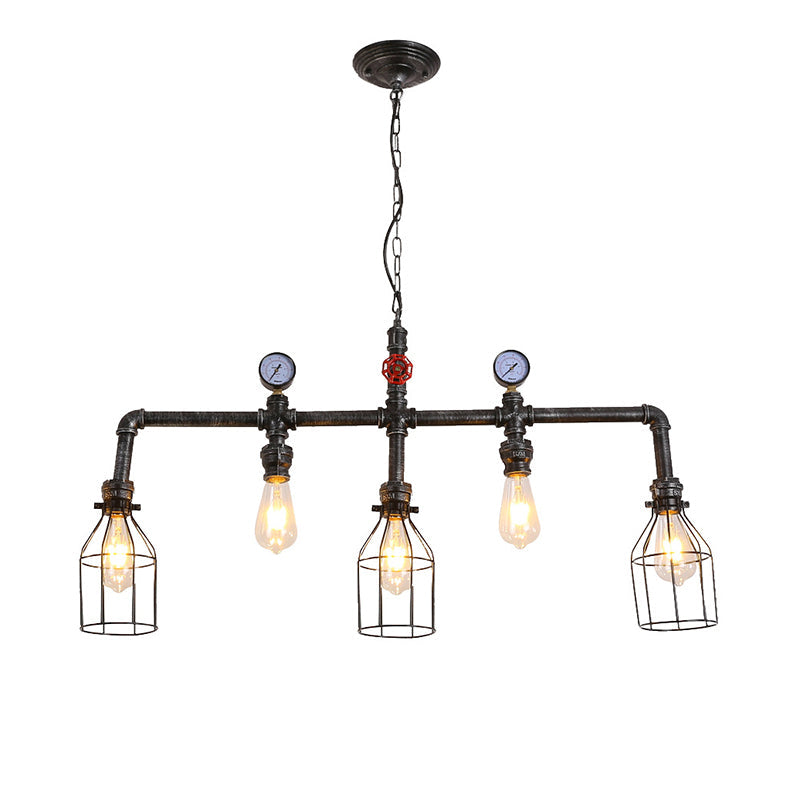 Pipe and Gauge Metal Island Lighting Industrial 5 Lights Restaurant Suspension Light with Cage in Black Black Clearhalo 'Ceiling Lights' 'Island Lights' 'Lighting' 2612404