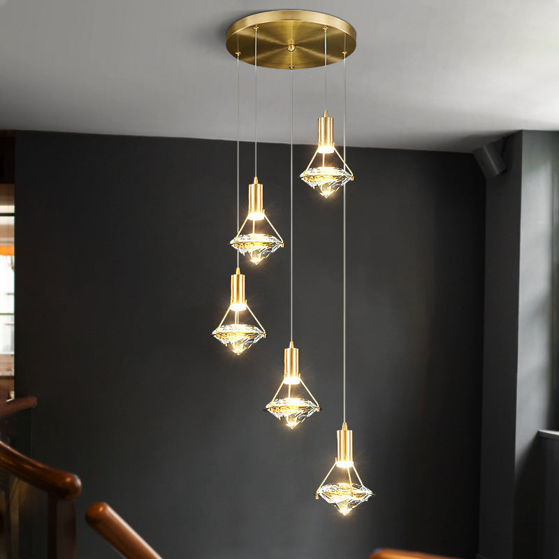 Crystal Diamond Island Lighting Postmodern Gold Finish LED Pendant Light Fixture 5 Gold Round Clearhalo 'Ceiling Lights' 'Island Lights' 'Lighting' 2612454