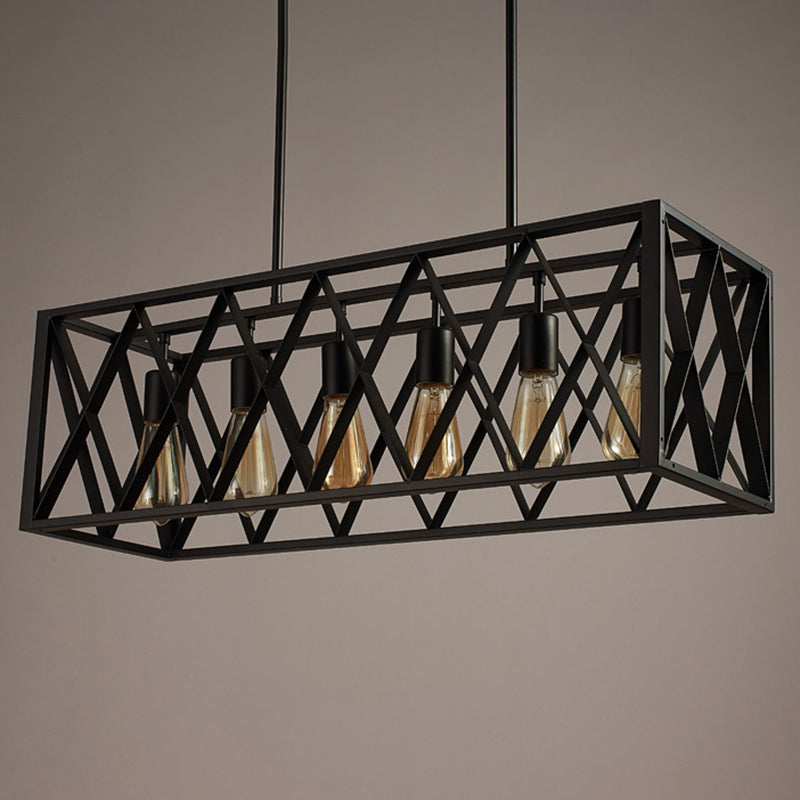Rectangular Island Light Industrial Style Black Ironwork Pendant Lighting for Bar 6 Black Clearhalo 'Ceiling Lights' 'Island Lights' 'Lighting' 2612507