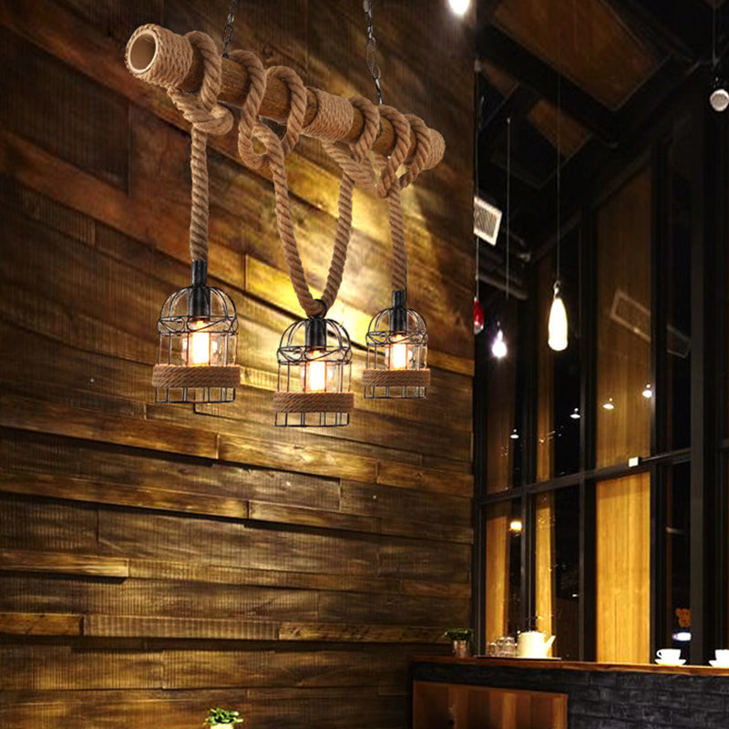 Hemp Rope Pendant Lamp Industrial Style Beige Linear Restaurant over Island Lighting Beige Birdcage Clearhalo 'Ceiling Lights' 'Island Lights' 'Lighting' 2612564