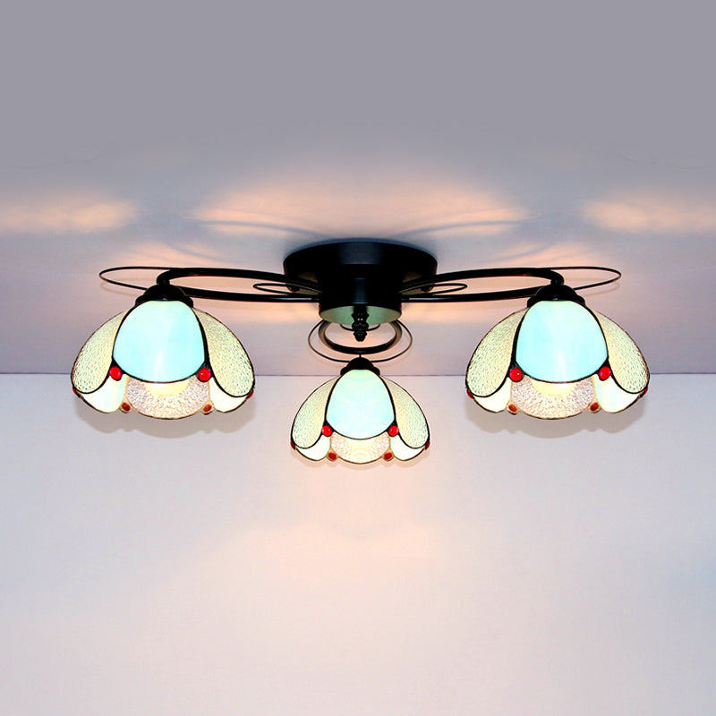 Dome Shape Ceiling Fixture with Victorian/Baroque/Square/Diamond/BlueSquare/Blue Diamond Vintage Stained Glass 3 Lights Flush Mount Ceiling Fixture in Black Black Blue Diamond Clearhalo 'Ceiling Lights' 'Close To Ceiling Lights' 'Close to ceiling' 'Glass shade' 'Glass' 'Semi-flushmount' 'Tiffany close to ceiling' 'Tiffany' Lighting' 26140