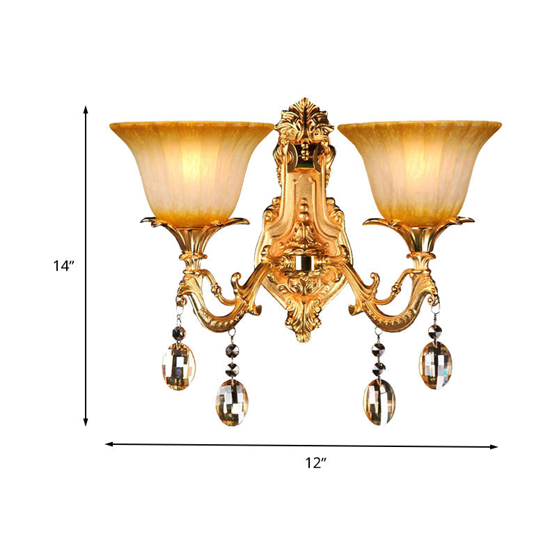 Flower Amber Glass Wall Mount Light Traditional 2 Heads Living Room Sconce Light in Brass Clearhalo 'Wall Lamps & Sconces' 'Wall Lights' Lighting' 261412