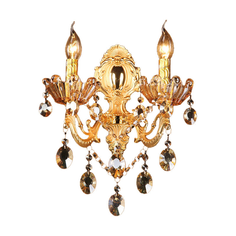 Brass Candelabra Sconce Light Traditional Metal 2 Heads Living Room Wall Mount Light Fixture with Crystal Drop Accent Clearhalo 'Wall Lamps & Sconces' 'Wall Lights' Lighting' 261417