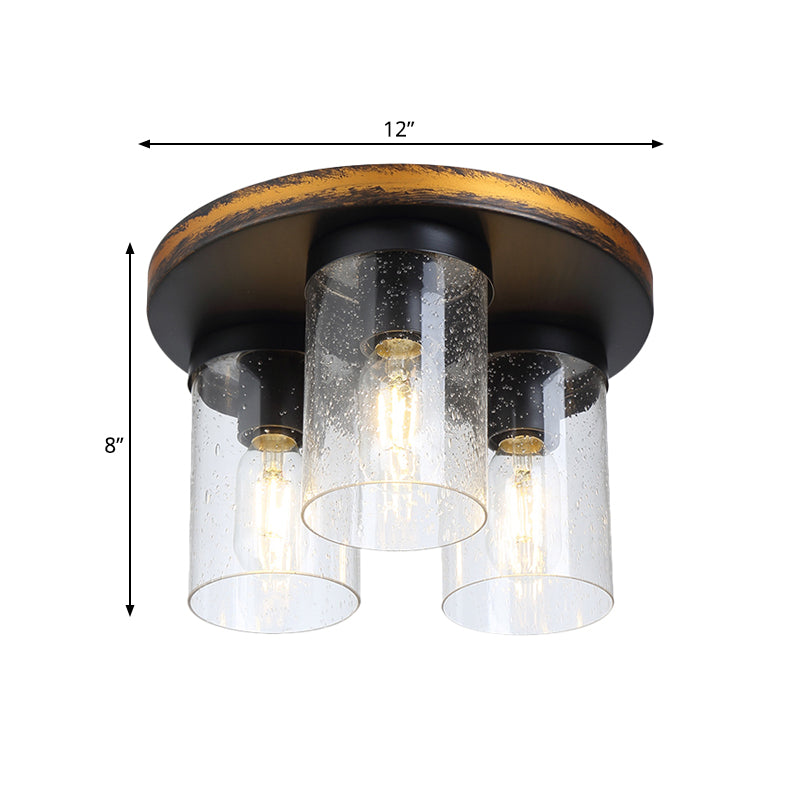 Clear Glass Ceiling Flush Light Downward Cylindrical 3 Bulbs Rustic Flushmount Lighting Clearhalo 'Ceiling Lights' 'Close To Ceiling Lights' 'Close to ceiling' 'Flush mount' Lighting' 261448