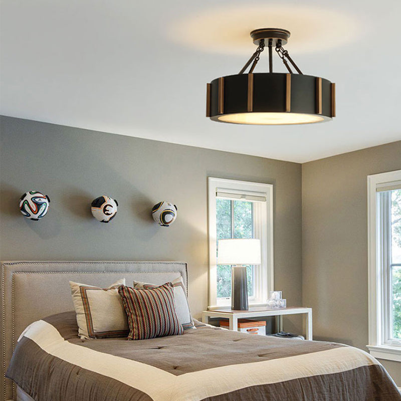 LED Semi Flush Drum Light Rustic Black Metallic Close to Ceiling Light Fixture, Warm Light Clearhalo 'Ceiling Lights' 'Close To Ceiling Lights' 'Close to ceiling' 'Semi-flushmount' Lighting' 261463