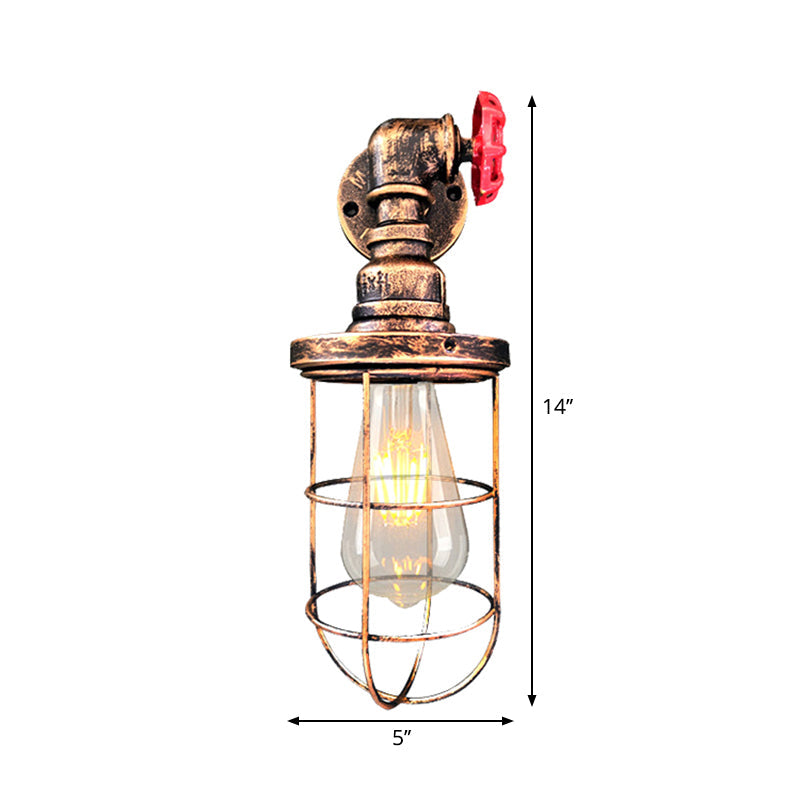 Wire Frame Corridor Wall Sconce Iron 1 Head Farmhouse Wall Lighting Fixture with Red Valve Design in Antique Brass/Black Clearhalo 'Art deco wall lights' 'Cast Iron' 'Glass' 'Industrial wall lights' 'Industrial' 'Middle century wall lights' 'Modern' 'Rustic wall lights' 'Tiffany' 'Traditional wall lights' 'Wall Lamps & Sconces' 'Wall Lights' Lighting' 261541