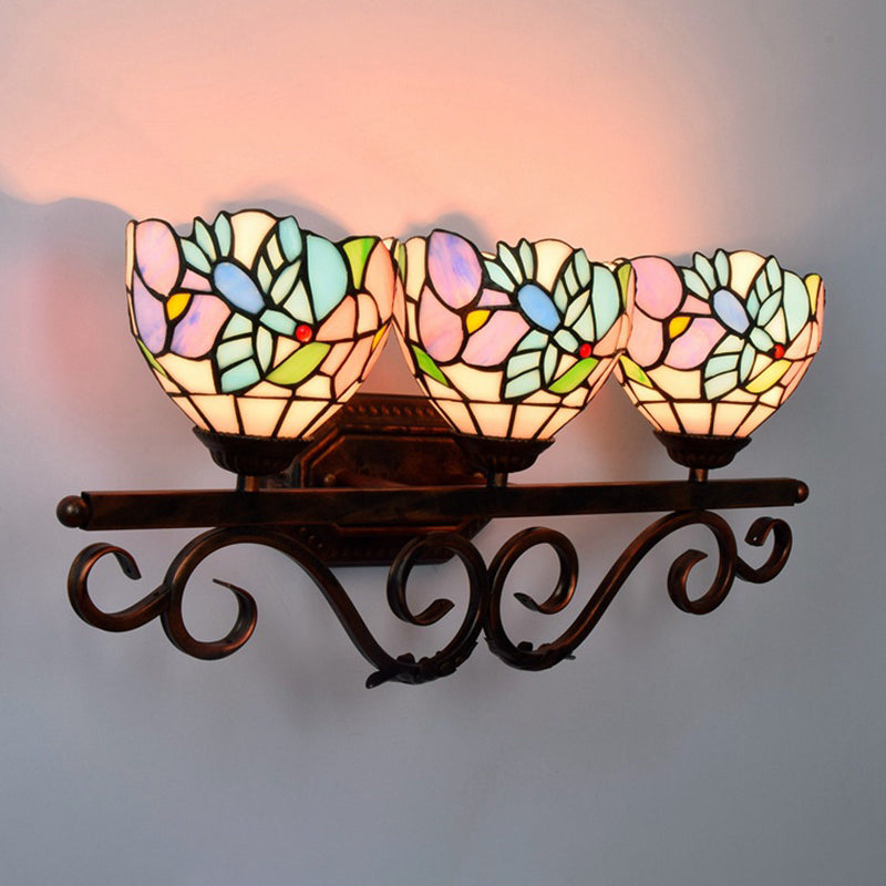 Vintage 3 Lights Vanity Wall Sconce Tiffany Vanity Lamps Bathroom in Multi-Color Glass Shade Clearhalo 'Vanity Lights' 'Wall Lights' Lighting' 2617312