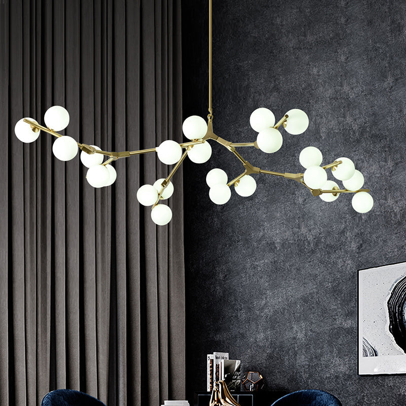 Tree Branch Suspension Light Minimalistic Metal Dining Room Chandelier with Ball White Glass Shade Clearhalo 'Ceiling Lights' 'Chandeliers' Lighting' 2618823