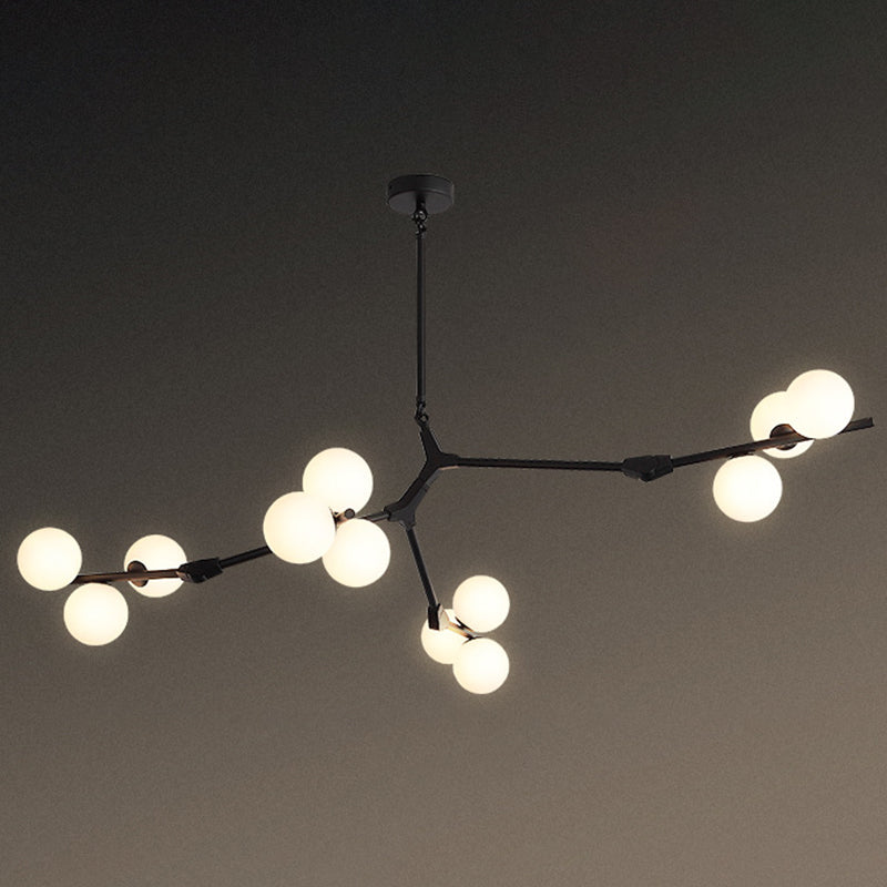 Tree Branch Suspension Light Minimalistic Metal Dining Room Chandelier with Ball White Glass Shade 12 Black Clearhalo 'Ceiling Lights' 'Chandeliers' Lighting' 2618825