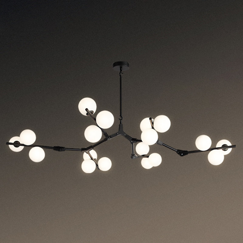 Tree Branch Suspension Light Minimalistic Metal Dining Room Chandelier with Ball White Glass Shade 18 Black Clearhalo 'Ceiling Lights' 'Chandeliers' Lighting' 2618829