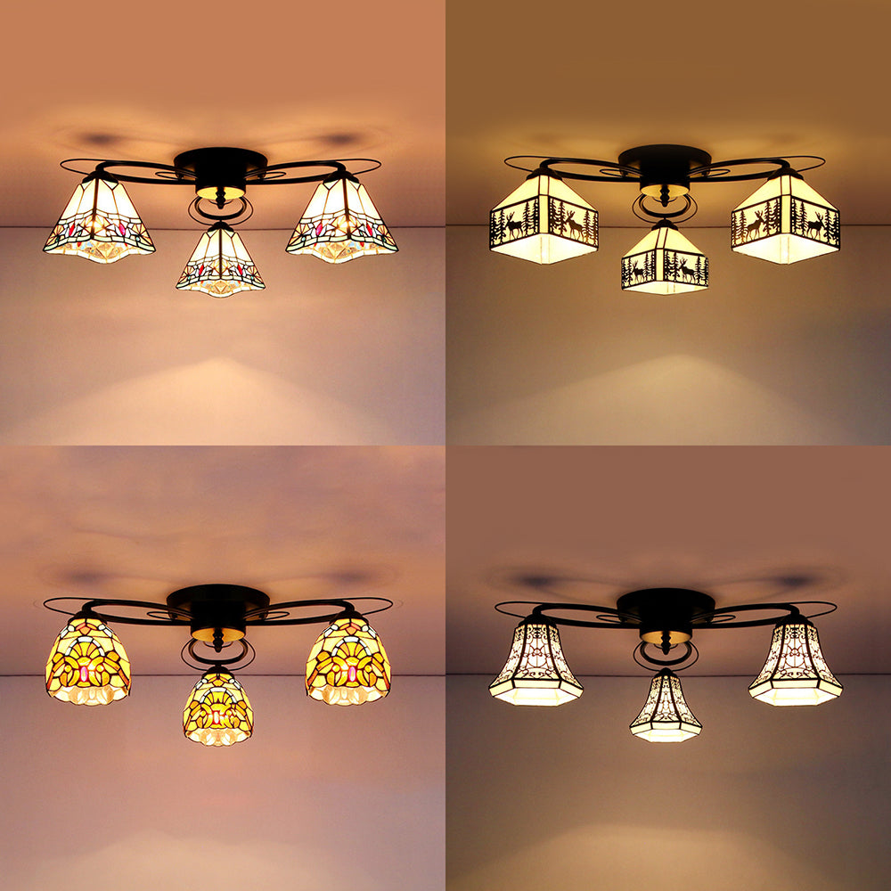 Geometric Ceiling Light with Art Pattern Tiffany Style Stained Glass 3 Lights Flushmount Ceiling Light in Black Clearhalo 'Ceiling Lights' 'Close To Ceiling Lights' 'Close to ceiling' 'Glass shade' 'Glass' 'Pendant Lights' 'Semi-flushmount' 'Tiffany close to ceiling' 'Tiffany' Lighting' 26206