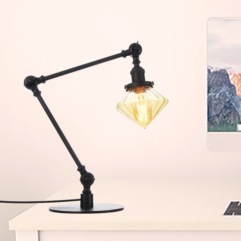 Vintage Diamond Shade Table Lamp Amber/Clear Glass 1 Light Living Room Table Light with Adjustable Arm in Black/Brass Black Amber A Clearhalo 'Lamps' 'Table Lamps' Lighting' 262081