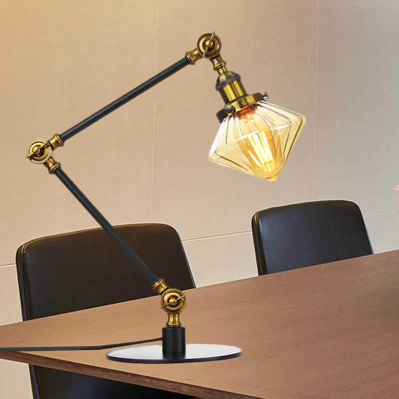 Vintage Diamond Shade Table Lamp Amber/Clear Glass 1 Light Living Room Table Light with Adjustable Arm in Black/Brass Brass Amber A Clearhalo 'Lamps' 'Table Lamps' Lighting' 262085
