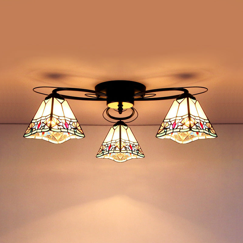 Geometric Ceiling Light with Art Pattern Tiffany Style Stained Glass 3 Lights Flushmount Ceiling Light in Black Black Magnolia Clearhalo 'Ceiling Lights' 'Close To Ceiling Lights' 'Close to ceiling' 'Glass shade' 'Glass' 'Pendant Lights' 'Semi-flushmount' 'Tiffany close to ceiling' 'Tiffany' Lighting' 26211