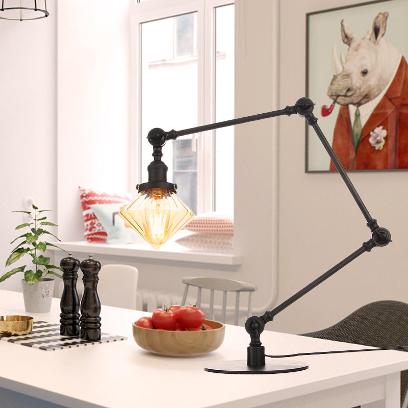 Vintage Diamond Shade Table Lamp Amber/Clear Glass 1 Light Living Room Table Light with Adjustable Arm in Black/Brass Clearhalo 'Lamps' 'Table Lamps' Lighting' 262123