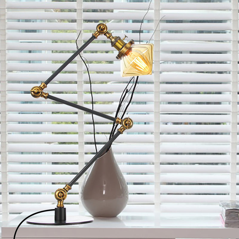 Vintage Diamond Shade Table Lamp Amber/Clear Glass 1 Light Living Room Table Light with Adjustable Arm in Black/Brass Brass Amber B Clearhalo 'Lamps' 'Table Lamps' Lighting' 262126