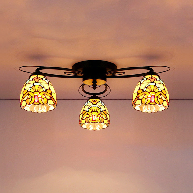 Geometric Ceiling Light with Art Pattern Tiffany Style Stained Glass 3 Lights Flushmount Ceiling Light in Black Black Curved Clearhalo 'Ceiling Lights' 'Close To Ceiling Lights' 'Close to ceiling' 'Glass shade' 'Glass' 'Pendant Lights' 'Semi-flushmount' 'Tiffany close to ceiling' 'Tiffany' Lighting' 26215
