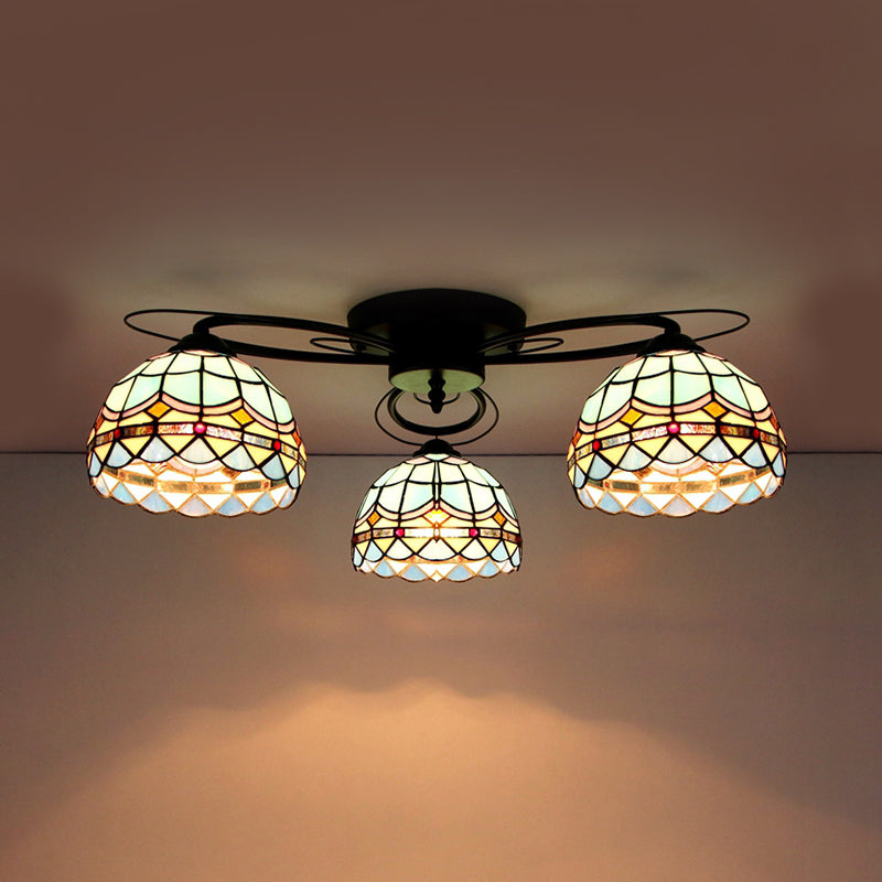 Geometric Ceiling Light with Art Pattern Tiffany Style Stained Glass 3 Lights Flushmount Ceiling Light in Black Black Baroque Clearhalo 'Ceiling Lights' 'Close To Ceiling Lights' 'Close to ceiling' 'Glass shade' 'Glass' 'Pendant Lights' 'Semi-flushmount' 'Tiffany close to ceiling' 'Tiffany' Lighting' 26219
