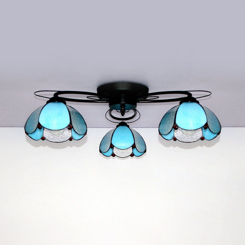 Geometric Ceiling Light with Art Pattern Tiffany Style Stained Glass 3 Lights Flushmount Ceiling Light in Black Clearhalo 'Ceiling Lights' 'Close To Ceiling Lights' 'Close to ceiling' 'Glass shade' 'Glass' 'Pendant Lights' 'Semi-flushmount' 'Tiffany close to ceiling' 'Tiffany' Lighting' 26222